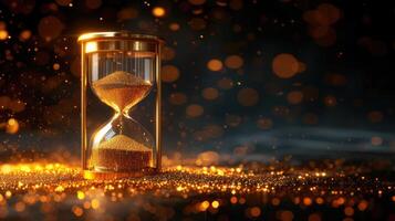 AI generated Illustration of a golden hourglass against a dark background, symbolizing the concept of time, Ai Generated. photo