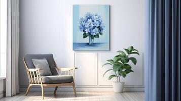 AI generated eucalyptus and blue hydrangeas encircle a minimalist blue canvas, Ai Generated. photo