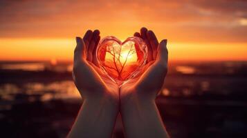 AI generated Hands forming a heart shape cradle the beauty of a sunset within their grasp. Ai Generated photo