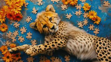 AI generated Cute cheetah engrossed in a jigsaw puzzle, adding a whimsical touch, Ai Generated. photo