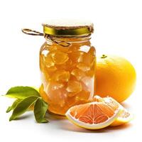 AI generated A jar of homemade pomelo jam with fresh pomelo, isolated on a white background. Ai Generated. photo