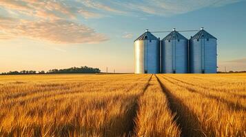 ai generado silos estar alto en un trigo campo, simbolizando el almacenamiento de agrícola abundancia. agricultura concepto. ai generado. foto