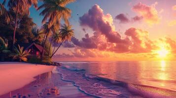 AI generated Paradise beach with palm trees, a sea-facing cabin, and the golden hues of sunset. Ai Generated. photo