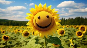 ai generado un radiante girasol Comparte sus sonrisa, agregando resplandor a un alegre campo escena. ai generado. foto