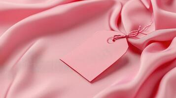 ai generado rosado etiqueta adorna un vestido, un blanco lona para marca detalles, agregando un toque de elegante elegancia, ai generado. foto