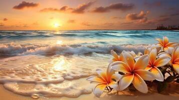 AI generated A golden sunset bathes ocean waves and foam, adorned with tropical frangipani flowers on a sandy beach, Ai Generated. photo