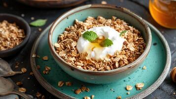 AI generated Granola arranged in a plate with yogurt and honey, a wholesome breakfast, Ai Generated. photo