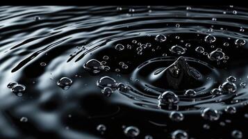 ai generado elegante agua gotas danza en un negro lienzo, adornado con fascinante arremolinándose patrones, ai generado. foto