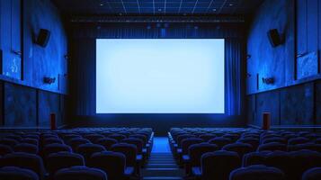 ai generado vacío cine salón con azul matices y un blanco blanco pantalla, esperando el siguiente demostración, ai generado. foto