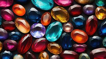 AI generated Dazzling gemstones arranged on a reflective surface create a kaleidoscope of vibrant hues. Ai Generated. photo