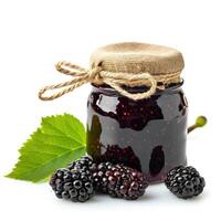 AI generated A jar of homemade mulberry jam with fresh mulberries, isolated on a white background. Ai Generated. photo