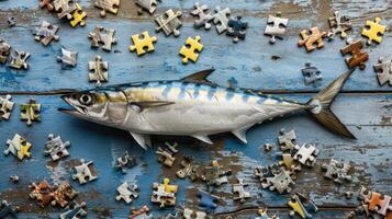 AI generated Cute mackerel engrossed in a jigsaw puzzle, adding a whimsical touch, Ai Generated. photo