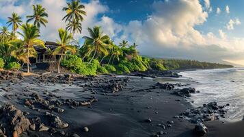 AI generated Panorama of a tropical black sand beach with palm trees and a solitary house. Ai Generated. photo