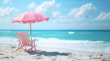 AI generated A little pink parasol and chair grace the sandy shore, embodying the essence of a perfect summer vacation by the sea. Ai Generated. photo