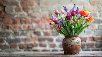 AI generated Spring flowers grace a ceramic pot on a table, set against a rustic brick wall backdrop. Ai Generated. photo