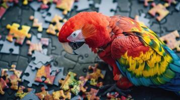 AI generated Cute parrot engrossed in a jigsaw puzzle, adding a whimsical touch, Ai Generated. photo