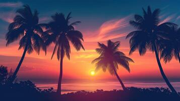AI generated Palm trees cast captivating shadows against the vibrant hues of a tropical sunrise or sunset. Ai Generated. photo