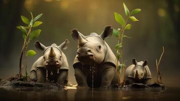 AI generated Rhino seedlings, with coiled leaf-heads against stems, showcase the early stages of growth and nature's resilience. Ai Generated. photo