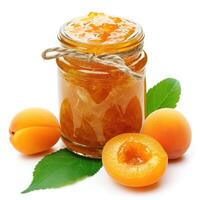 AI generated Delectable apricot jam marmalade jelly preserves in a glass jar, accompanied by fresh apricots, showcased on a clean white backdrop, Ai Generated. photo