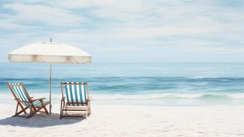 AI generated A stunning beach banner showcases white sand chairs and an umbrella, inviting relaxation by the sea. Ai Generated. photo