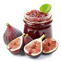 AI generated Delectable fig jam marmalade jelly preserves in a glass jar, accompanied by fresh figs, presented on a clean white backdrop, Ai Generated. photo