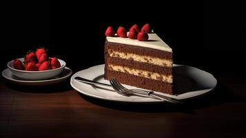 AI generated Real shot captures the essence of a delectable cake and its inviting slices. Ai Generated photo