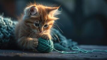 AI generated A cute little kitty enjoys a charming game with a ball of yarn. Ai Generated. photo