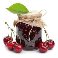 AI generated Delectable cherry jam marmalade jelly preserves in a glass jar, accompanied by fresh cherries, presented on a clean white backdrop, Ai Generated. photo