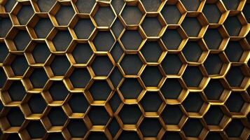 AI generated Abstract allure of a golden honeycomb on a black backdrop, radiating elegance and richness, Ai Generated. photo