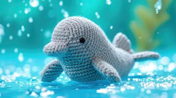 AI generated Crocheted dugong toy vibrant backdrop, handcrafted and adorable, Ai Generated photo