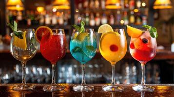 AI generated Five colorful gin tonic cocktails in wine glasses adorn the bar counter of a vibrant pub or restaurant. Ai Generated photo