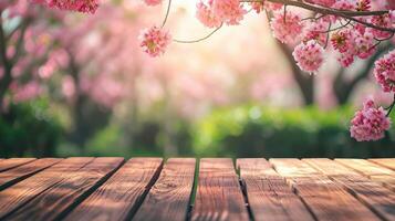 AI generated An empty wooden table, a serene canvas, with a blurred sakura tree garden, Ai Generated. photo
