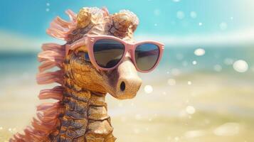 AI generated Whimsical seahorse floats toward the beach, donning tiny sunglasses, a marine marvel on sandy shores, Ai Generated. photo