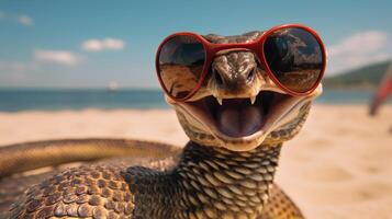 ai generado experiencia el intensidad de un cobra saltando sobre el playa en un maravilloso de cerca foto, ai generado. foto