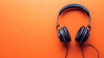 AI generated High-quality headphones showcased against a vibrant orange background for a modern aesthetic, Ai Generated. photo
