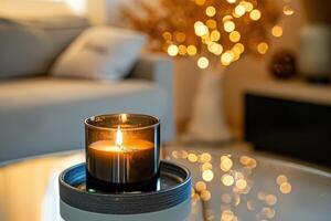 AI generated Burning candle in glass jar creates a warm ambiance. Serene glow, Ai Generated. photo
