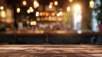AI generated Wooden table in a blurred restaurant setting, offering empty space. Ai Generated. photo