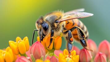 AI generated Beautiful honey bee on a flower, close-up macro shot captures intricate details, Ai Generated. photo