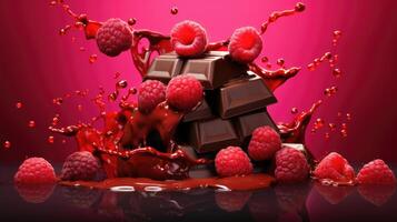 AI generated Dynamic stack of chocolate bars, raspberries, and syrup splash on a vibrant red backdrop. Ai Generated photo