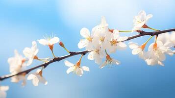 ai generado un rama de blanco floraciones bañado en suave luz de sol, radiante un amable y sereno belleza. ai generado. foto