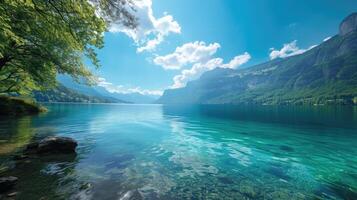 AI generated Calm turquoise lake under a sunny sky a serene haven. Tranquil beauty, Ai Generated. photo