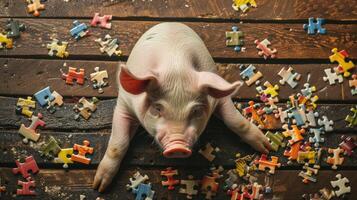 AI generated Adorable top view of a cute pig solving a jigsaw puzzle, playful and clever. Ai Generated photo