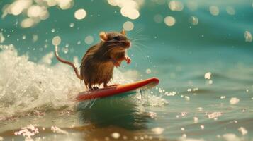 AI generated A cute rat surfer enjoys a fun-filled summer day at the beach, riding waves with enthusiasm, Ai Generated. photo