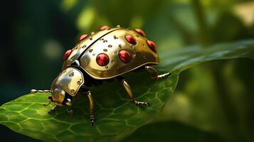 AI generated Metal ladybug resting gracefully on a vibrant green leaf, adding a touch of whimsy to nature, Ai Generated. photo