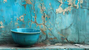 AI generated Blue bowl rests atop a cracked wall adorned with peeling paint textures. Ai Generated. photo