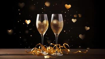 AI generated Two glasses of champagne adorned with golden hearts for a touch of glamour. Ai Generated photo