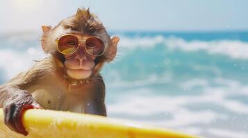 AI generated A cute monkey surfer enjoys a fun-filled summer day at the beach, riding waves with enthusiasm, Ai Generated. photo