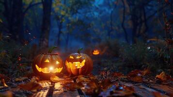 ai generado Víspera de Todos los Santos calabazas en madera en un escalofriante bosque, fundición un misterioso resplandor a noche. ai generado foto