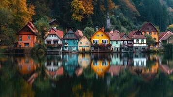 ai generado vibrante fila de casas por un lago con vistoso reflexiones en el agua. escénico belleza, ai generado. foto