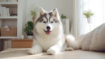 ai generado adorable Alaska malamute salones en un blanco alfombra en el acogedor vivo habitación, puro canino encanto, ai generado. foto